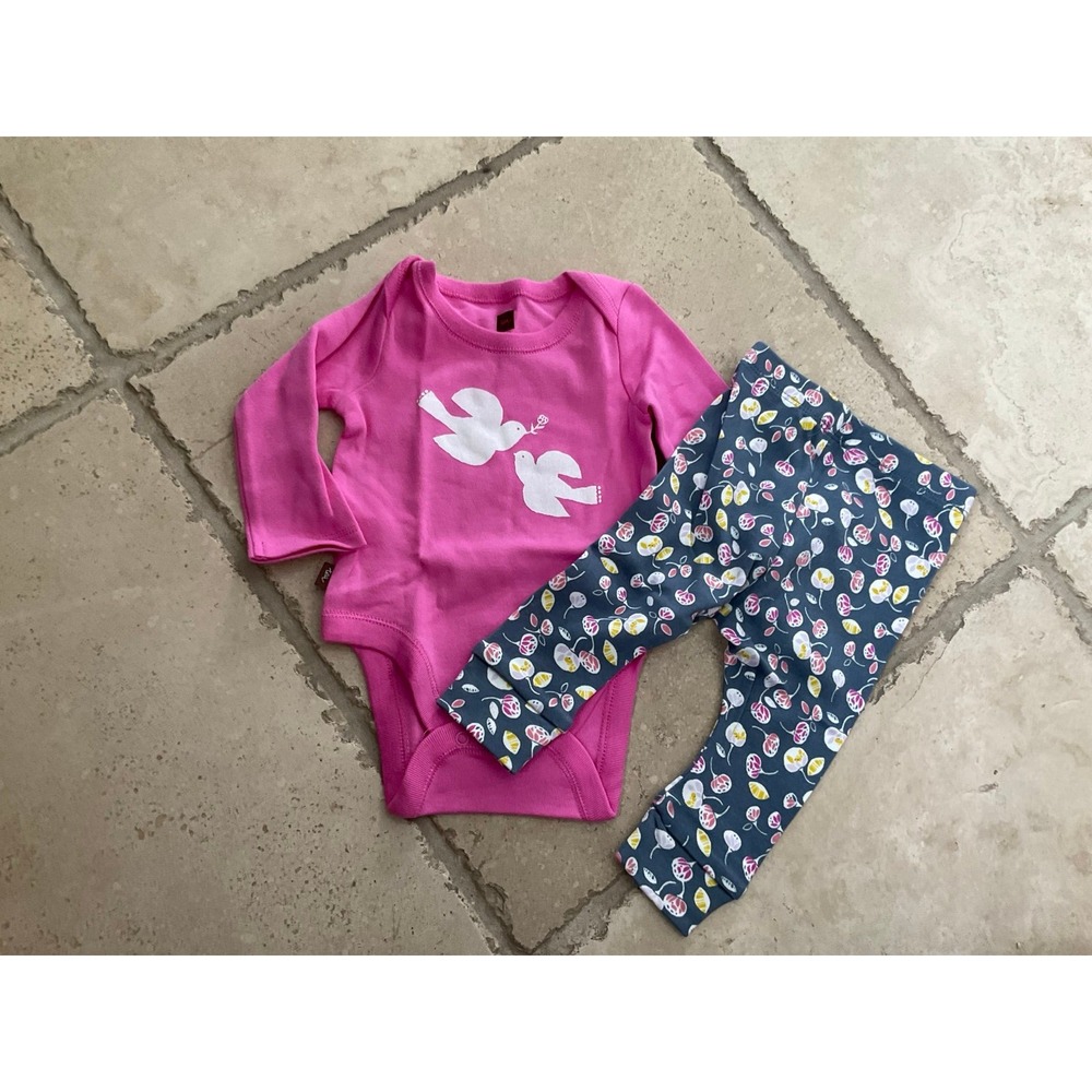 NWT Tea Collection pink bird bodysuit baby outfit/leggings/onesie; size 0-3 m